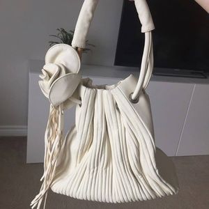 White Drawstring Pouch Handbag Purse with Tassels